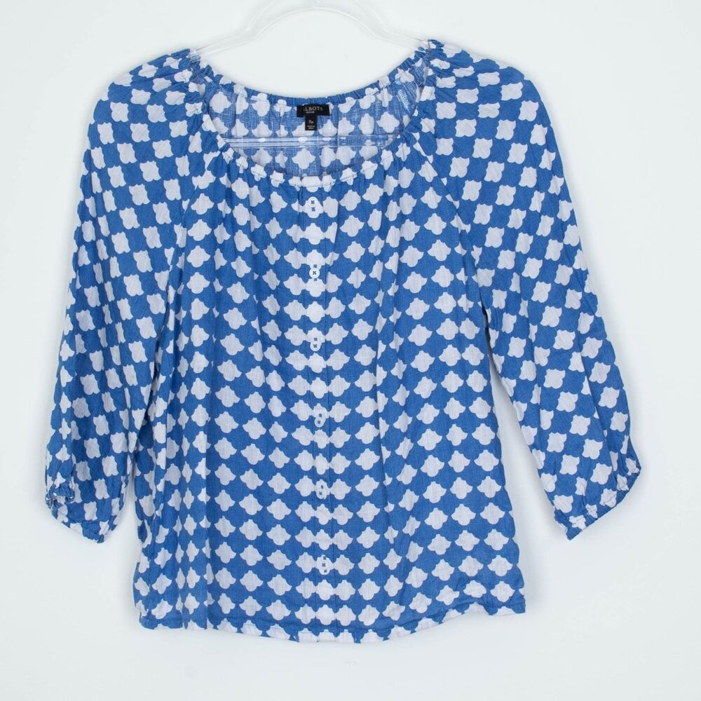 Talbots Womens Linen Button Down Geometric‎ Top Size S Petite 3/4 Sleeve Summer